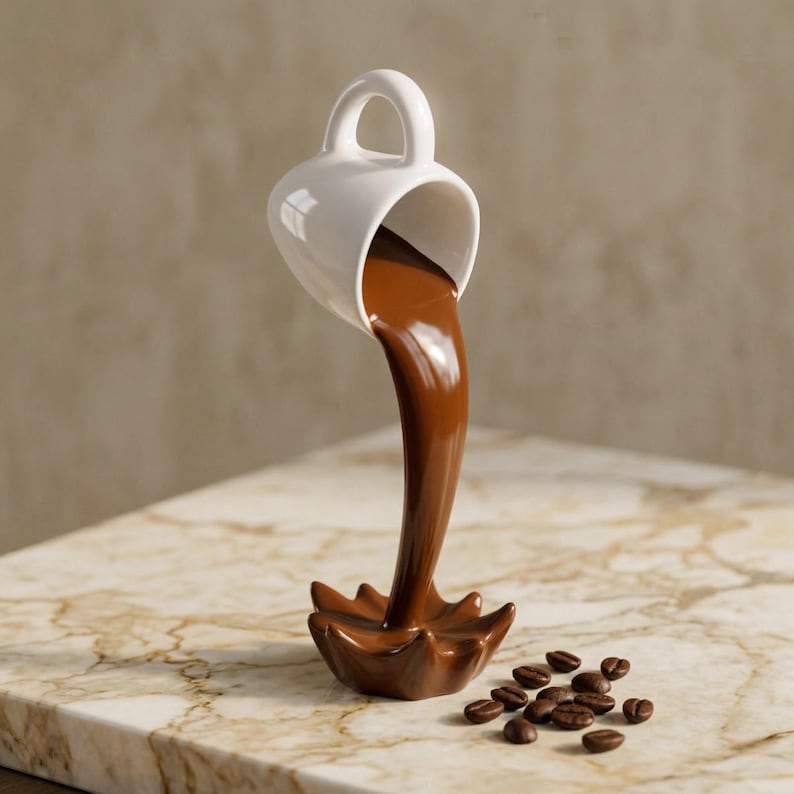 May include: A white ceramic coffee cup appears to be pouring a stream of brown liquid into a brown splash-shaped base. Several coffee beans are scattered near the base. The cup has a handle and is set against a marble surface.