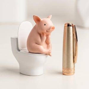 Op de afbeelding: Een grillige scène toont een klein, roze varkensbeeldje dat op een miniatuur wit toilet zit. Daarnaast staat een goudkleurige pen met het woord "Visconti" op de clip en "Aurora" op de basis. De pen heeft een roségouden clip.