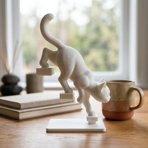 3D printed plastic floating cat, minimalist Japandi desk decor, modern geometric animal art
