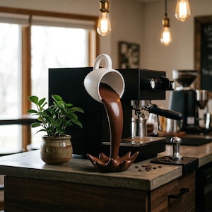 Peut inclure: Une tasse à café en céramique blanche semble verser un filet de liquide brun dans une base décorative brune en forme d'éclaboussure. Une machine à expresso noire est en arrière-plan, ainsi qu'une petite plante en pot.
