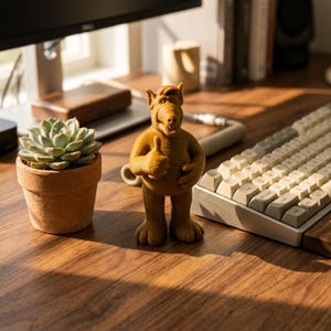3D-geprint plastic buitenaards figuurtje, decoratie met jaren 80-nostalgie en popcultuurthema, klein retro accessoire voor op de werkplek