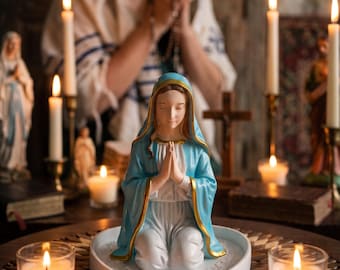 Resin Virgin Mary rosary holder, Catholic prayer bead stand, heart base altar decor