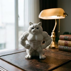 Peut inclure: Figurine de chat en céramique blanche avec un physique musclé, les mains sur les hanches. Le chat a une expression sévère. La figurine est sur une surface en cuir marron, avec une lampe et des livres en arrière-plan.