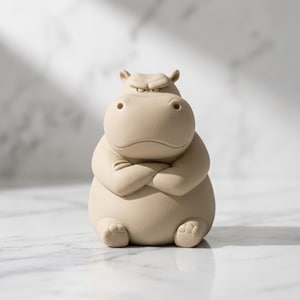 Op de afbeelding: Een mat beige keramieken beeldje van een zittend nijlpaard met een norse gezichtsuitdrukking, gefronste wenkbrauwen en armen over elkaar geslagen op de borst. Het nijlpaard heeft een rond lichaam, kleine oren en zichtbare tenen aan de voeten.