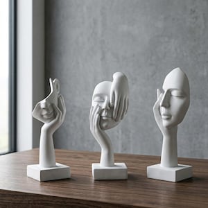 Escultura abstracta de rostro en resina blanca, decoración minimalista para escritorio o biblioteca doméstica, acento moderno para estante.