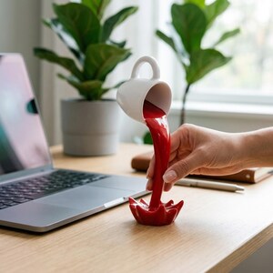 May include: A white ceramic mug, with a curved handle, appears to be pouring a stream of red liquid into a red splash-shaped base. The unique design is set on a wooden desk, with a laptop and plants in the background.