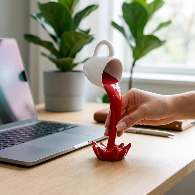 May include: A white ceramic mug, with a curved handle, appears to be pouring a stream of red liquid into a red splash-shaped base. The unique design is set on a wooden desk, with a laptop and plants in the background.