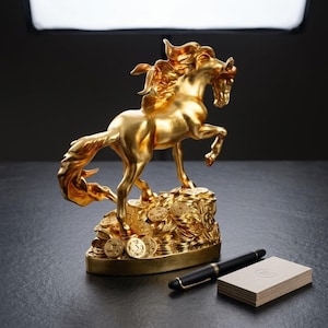 Peut inclure: Une statue de cheval dorée se cabrant sur une base de pièces de monnaie. Un stylo et une pile de cartes de visite sont à côté de la statue. Le cheval est un symbole de richesse et de prospérité.