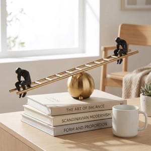 Puede incluir: Una escultura de metal dorado que presenta una escalera equilibrada sobre una esfera, con una pequeña figura negra sentada en cada extremo. La escultura descansa sobre una pila de libros con títulos como "The Art of Balance". Una taza blanca está cerca.