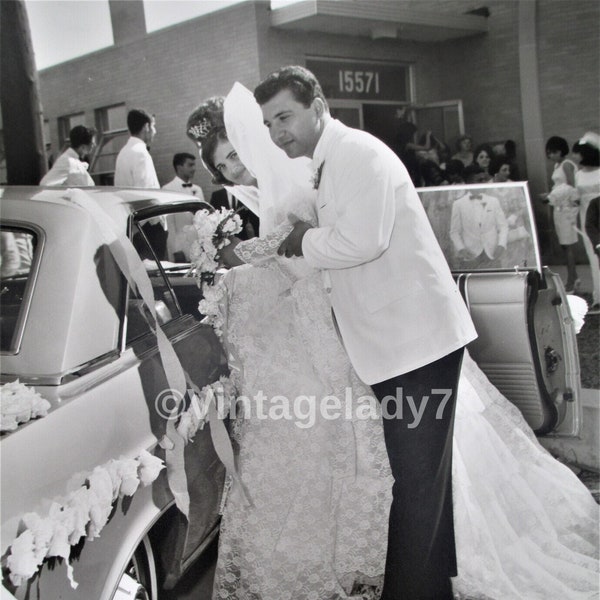 Vintage Photo 1966 Bride With Tall Tiara Hair And Groom Getting In A  Decorated Car Archive Of PHOTOGRAPHER One Of A Kind 8X10