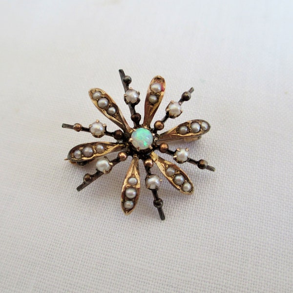 Antique Victorian Starburst with Seed Beads And Fire Opal Center Low K Gold Brooch/Pin Romantic Era Brooch Pin Stunning Unusual Piece