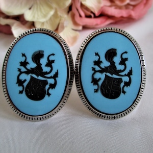 Vintage Cufflinks Swank Large Essex Heraldic Cufflinks Silver Tone Blue And Black Swank Designer Collection RARE NOS Hard To Find