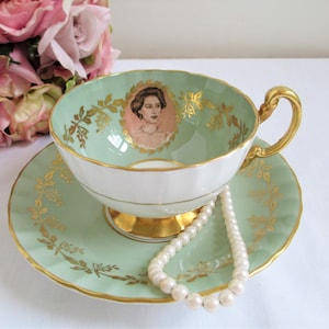 Aynsley Tea Cup And Saucer Vintage Queen Elizabet Light Green Gold Gilt Footed Commemorate Visit of H.R.H Princess Margaret to Canada 1958