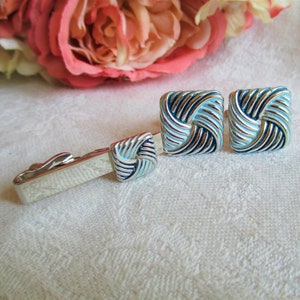 Vintage Swank Cufflinks Set Silver Blue Enamel Swirl Fashion Tones Turban Knot Cuff Links and Tie clip Formal Wedding For Him Dad Hipster
