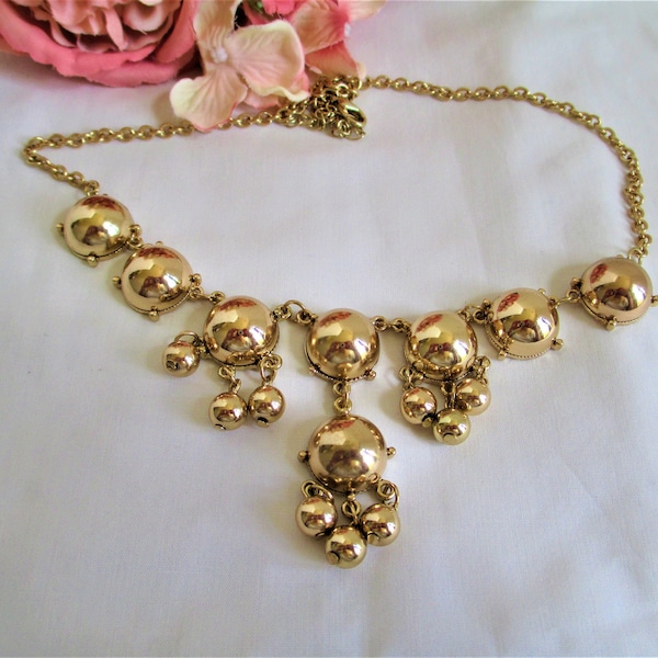Vintage Necklace Gold Bib With Dangle Balls Gold Tone 22 Inch Necklace Stunning Glamour Jewelry