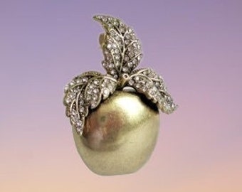 Banana Republic Brooch Backward B forward R Gold Apple With Rhinestone Leaves Brooch Pin