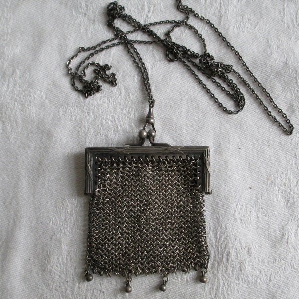 Antique Chatelaine 1800's Mesh Coin Purse / Childs Purse Antique Sterling Silver Victorian Engraved Frame Kiss Closure Serling Fob Chain