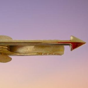 May include: A gold-toned metal tie clip shaped like an arrow. The design features a textured fletching at the back end and a pointed arrowhead at the front. The clip mechanism is integrated into the center of the arrow shaft, providing a secure hold.