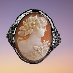 Cameo Pin Antique Victorian Large Shell Cameo Goddess Pendant Pin Synthetic Sapphires Exquisite Sterling Scrolling Brooch Gorgeous!