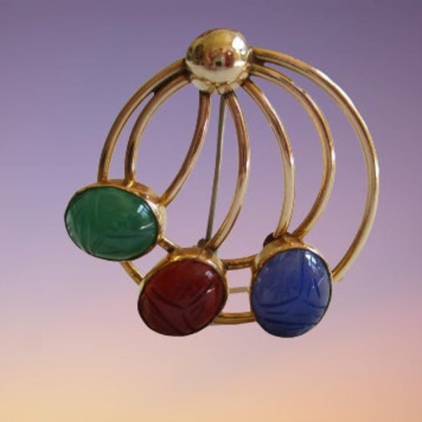Vintage Scarab Brooch Carved Stone Lapis, Carnelian , Jade Binder Brothers Gold-filled  Brooch / Pin  Signed AWESOME!  Vintage Brooches