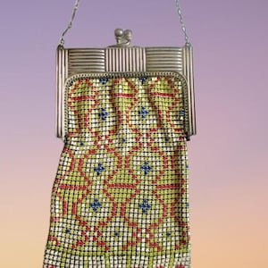 Vintage Whiting & Davis Art Deco Enamel Mesh Purse Repousse Frame Kiss Closure Unique Stunning Deco Gold, tan and Browns Pattern Purse