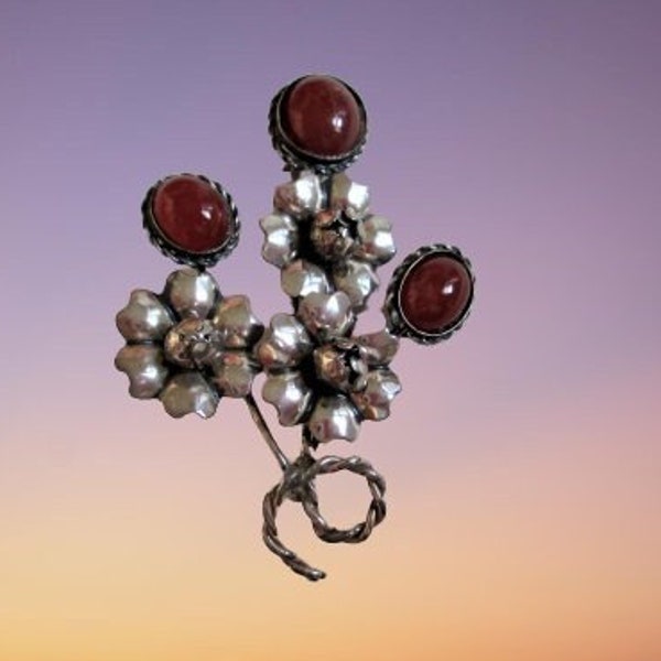 Vintage Sterling Carnelian Flower Pin/ Brooch Unusual Piece