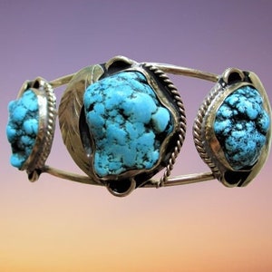Vintage CUFF Navajo Old Pawn Sterling Silver Chunky Turquoise With Applied Leaves Bracelet Unique Vintage Jewelry