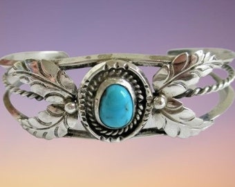 Vintage CUFF Fred Harvey Era Sterling Silver Turquoise Stamped Leaves Bracelet Unique Vintage Jewelry