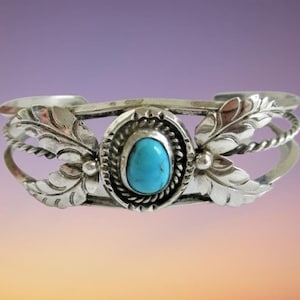 Vintage CUFF Fred Harvey Era Sterling Silver Turquoise Stamped Leaves Bracelet Unique Vintage Jewelry