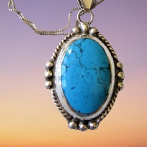 Vintage Sterling Silver Large Turquoise Pendant Necklace Stunning Piece