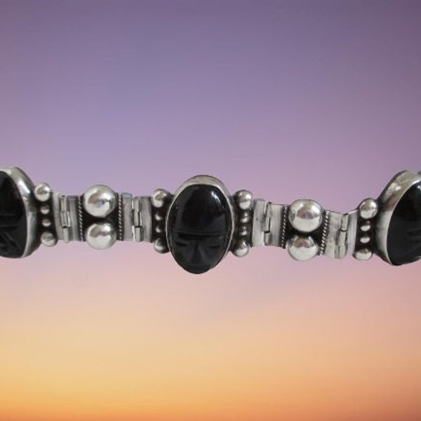 Vintage Bracelet Sterling Silver Black Onyx Tribal Face Southwestern Panel Bracelet Stunning!! Unique Design