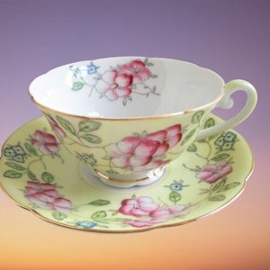 Vintage Teacup And Saucer 1940’s Diamond Occupied Japan Pastel Yellow Floral Tea Cup and Saucer Pretty Teacup, Tea Party Teacup