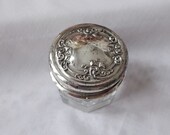 Antique Victorian Repousse Flowers Silver Lid Glass Dresser Vanity Jar Victorian