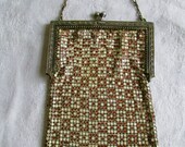 Vintage Whiting Davis Art Deco Enamel Mesh Purse Repousse Frame Kiss Closure Unique Checkered Pattern Purse