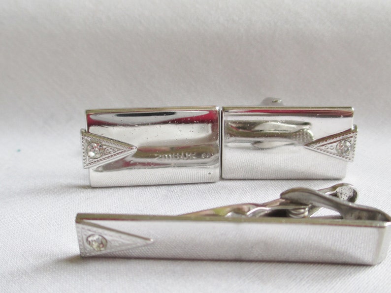 Vintage Cufflinks /& Tie Clip Swank Silver W Diamond Rhinestone Men/'s Jewelry Formal Wedding Hipster Vintage Cufflinks By Vintagelady7
