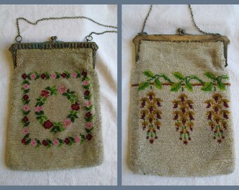 Antique Beaded Purse Two Sided With Two Different Picture Victorian Engraved Jeweled Frame Kiss  Closure Unique Purse