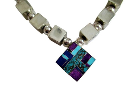 Stunning Vintage Native American Navajo Sugulite Turquoise Inlay Sterling Silver Necklace Stunning Vintage Native American Navajo Sugulite Turquoise Inlay Sterling Silver Necklace