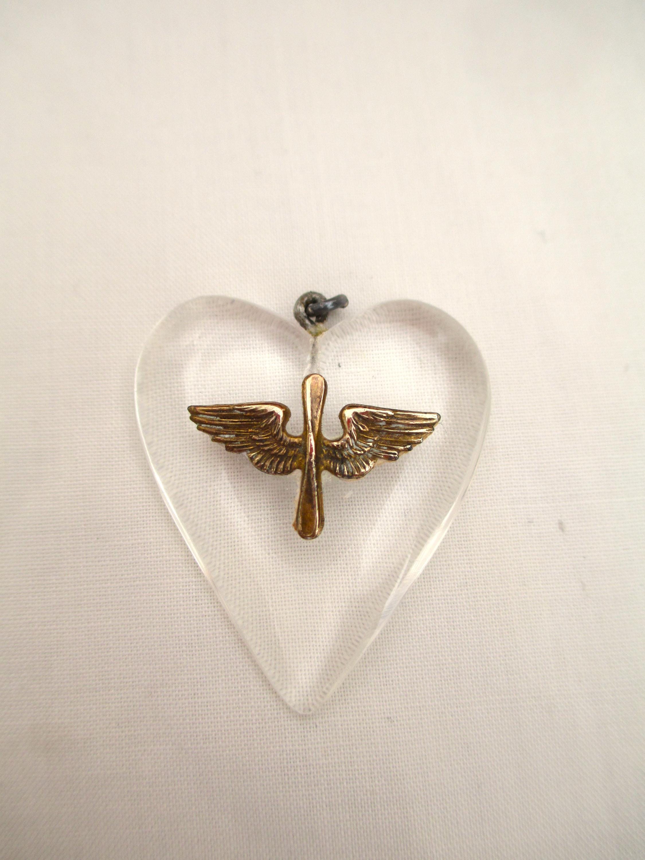 WWII Era Clear Lucite Heart Pendant With With US Army Air Corps