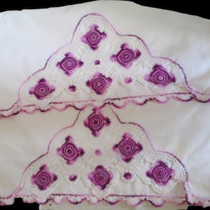 Vintage Pillowcases Beautiful Purple Crochet Decorative Pillowcases, Cottage Decor Bedroom Decor linens Vintage LInens
