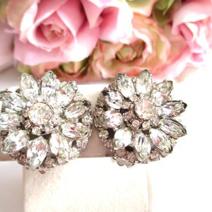 Vintage Earrings Sparkling Rhinestone Layered Flower Earrings Clip Rhinestone Earrings Regal Elegant Wedding Vintage Unusual