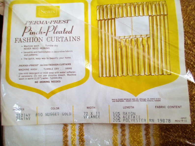 Curtains Valance Vintage Perma Prest Pinch Pleated Fashion Curtains 72x 11 Nugget Gold Striped Sears 1970/'s NOS In original package