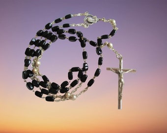 Vintage Italian Black Glass And Silver Beads Rosary SPIRITUAL STUNNING!!! † Collectible Vintage Religious