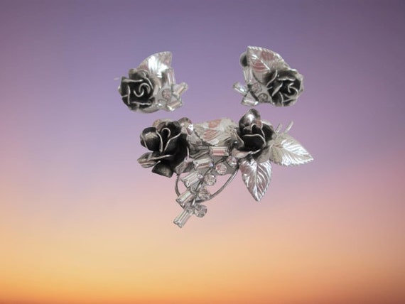 Vintage Sterling Rose Flower Roses With Rhineston… - image 1