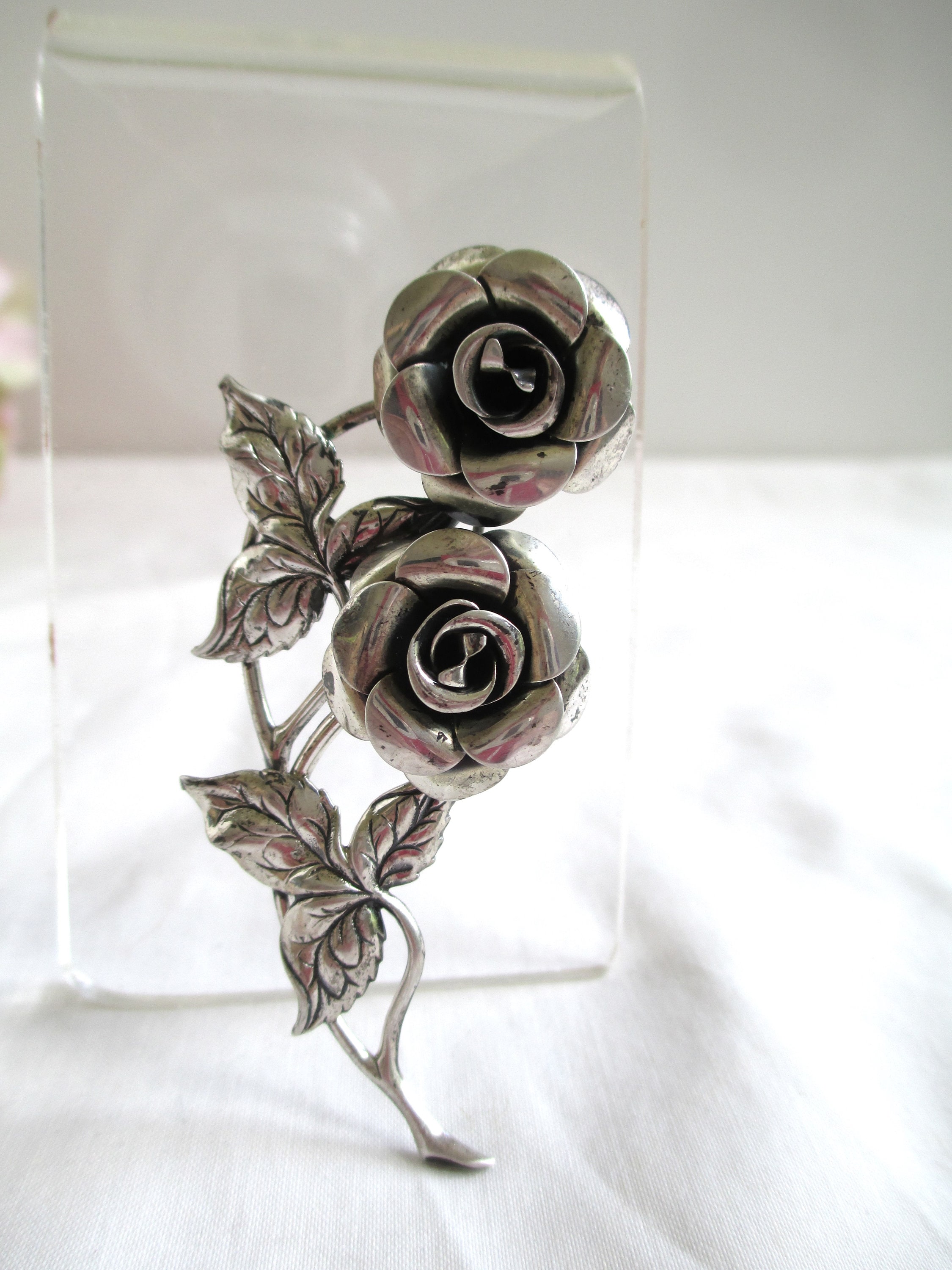 Vintage Sterling Silver Rose Flower Brooch / Pin Romantic Era