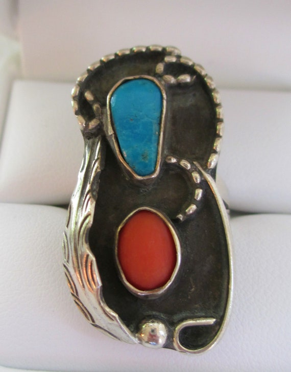 Vintage Ring Sterling Silver Turquoise & Coral Na… - image 3