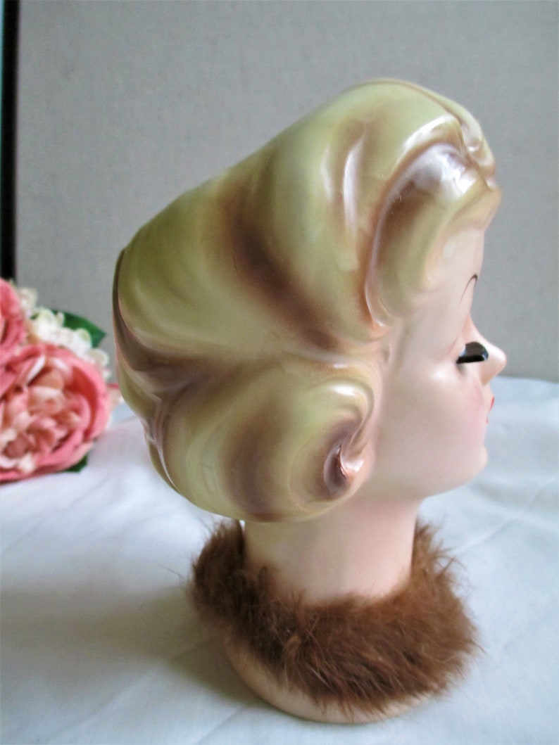 Lady Head Vase Exquisite Enesco Fur Collar Eyes Closed lady head vase Vintage Figurines Collectible