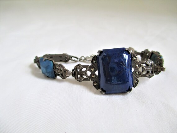 Vintage Bracelet Art Deco Sterling Silver Lapis L… - image 1