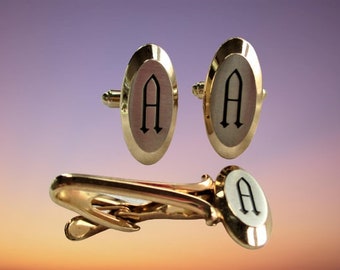 Vintage 1960s SWANK INITAIL A Cuff Links & Tie Clip Set #21264