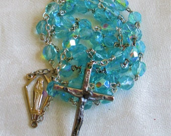 Vintage Rosary Bohemian Teal AB Crystal Sacred Heart Rosary SPIRITUAL STUNNING!!! † Collectible Vintage Religious Items by Vintagelady7