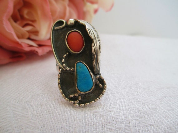 Vintage Ring Sterling Silver Turquoise & Coral Na… - image 2